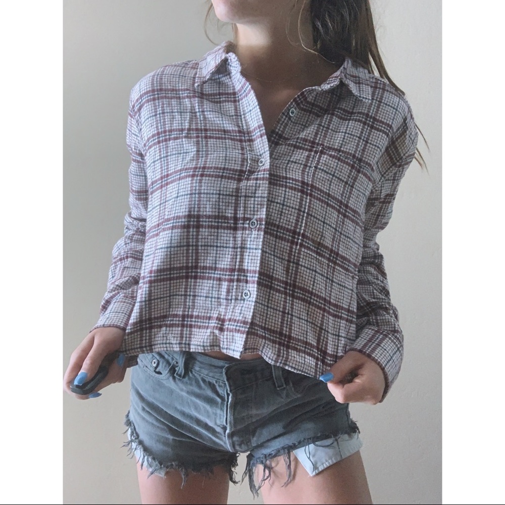 red & white plaid flannel button down crop vintage